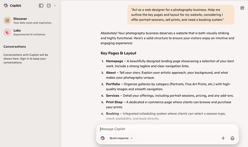 A web design interface shows a chat about creating a photography business website, with key page layout suggestions and a chatbot message input box at the bottom.