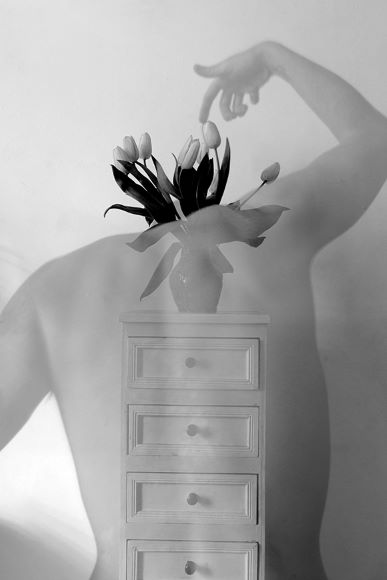 A black and white image shows a vase of tulips on a small chest of drawers, with the faint silhouette of a nude person and an outstretched arm in the background.