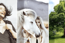 A woman laughing outdoors, a woman standing beside a white horse, and a person in a white dress standing under a large tree in a grassy area.