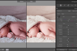 Side-by-side comparison of an unedited and edited photo of a baby lying on its stomach. The edited image has warmer colors and higher contrast, shown in Adobe Lightroom's adjustment panel on the right.