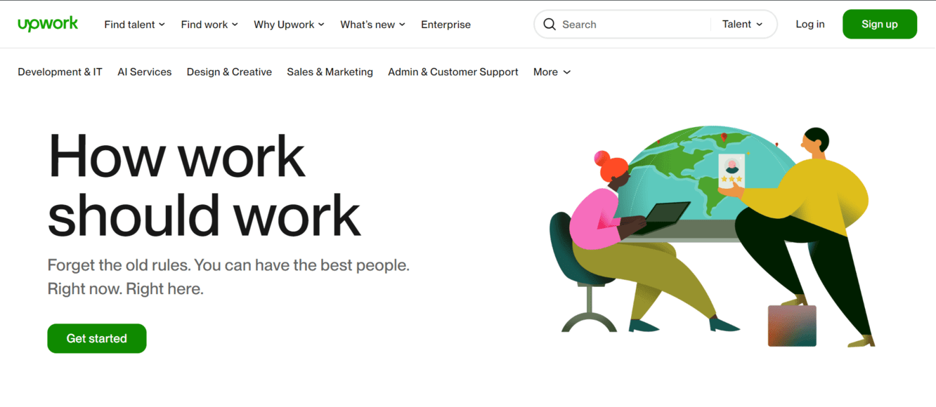 Upwork homepage highlighting remote work opportunities. One person sits on a chair using a laptop, and another stands holding a phone, in front of a globe illustration.