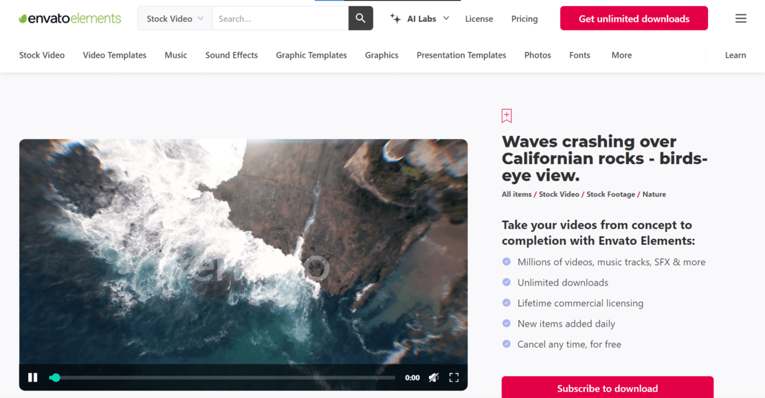 Birds-eye view of waves crashing over rocks on a California shoreline. Video preview with Envato Elements interface, featuring stock video search options and a red "Get unlimited downloads" button.