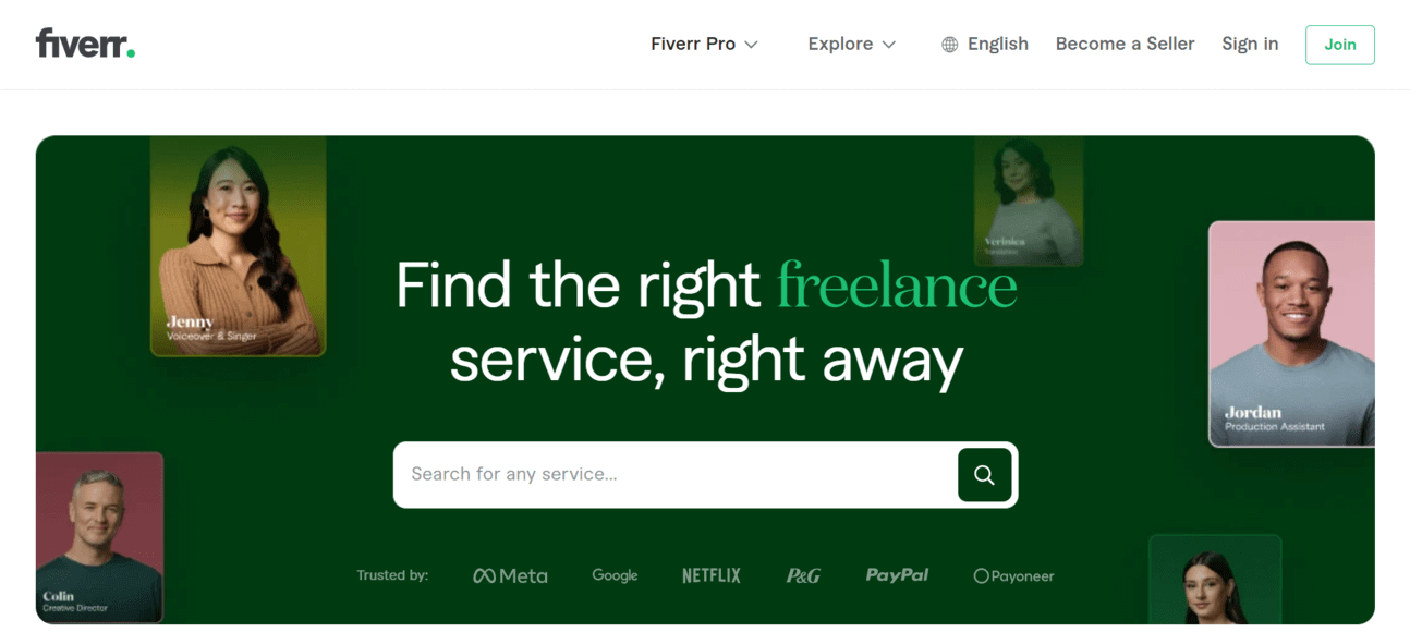 Screenshot of Fiverr's homepage featuring a search bar with the prompt "Find the right freelance service, right away." Several freelancer profiles are showcased around the text.