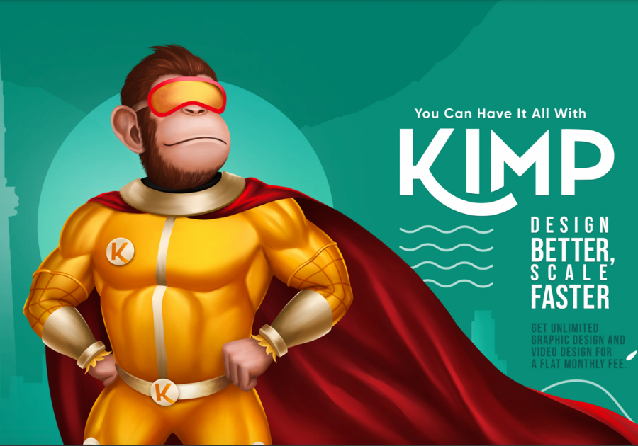 An illustration of a superhero monkey in a red and gold costume with the letter 'k' on the chest, promoting kimp graphic and video design services.