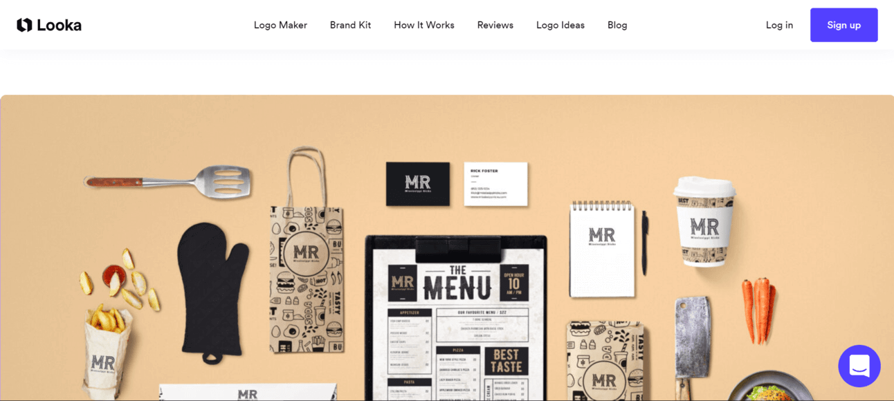 Assorted branding materials and stationery items, such as a menu, business cards, notepad, and takeout containers, displayed on a beige surface. The logo "MR" appears on several items.