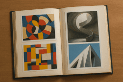 An open book displays four images: two abstract geometric paintings on the left page, and two architectural photographs on the right page, all arranged neatly on a wooden surface.
