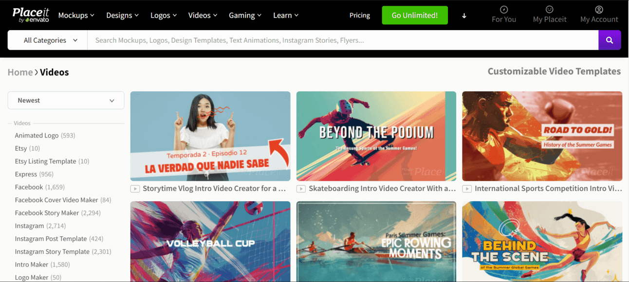 A webpage displaying various customizable video templates for different themes like sports, vlogs, and intros. Categories like YouTube, Etsy, and Facebook are listed on the left sidebar.