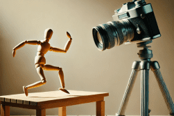 A wooden mannequin poses on a table in front of a vintage camera mounted on a tripod.